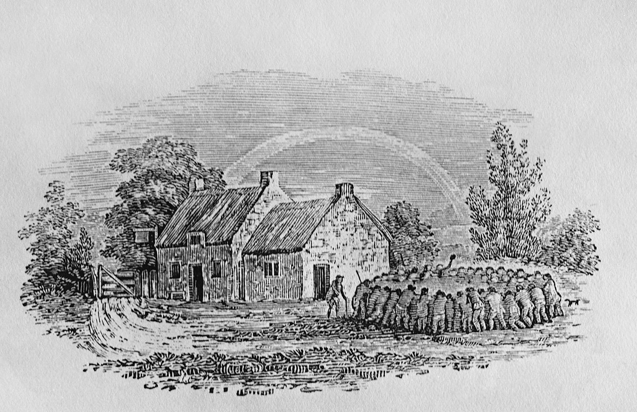Kukkotappelu majatalon ulkopuolella, noin 1801, teoksesta "Landbirds", julkaistu 1805. tekijältä Thomas Bewick