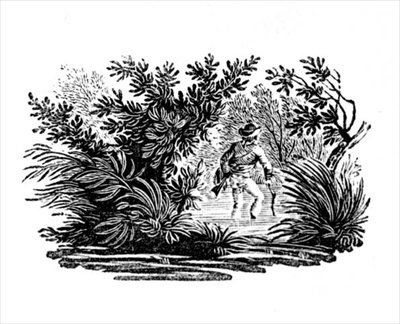 Fording the River, julkaisusta Land Birds, n. 1797 (puukaiverrus) tekijältä Thomas Bewick