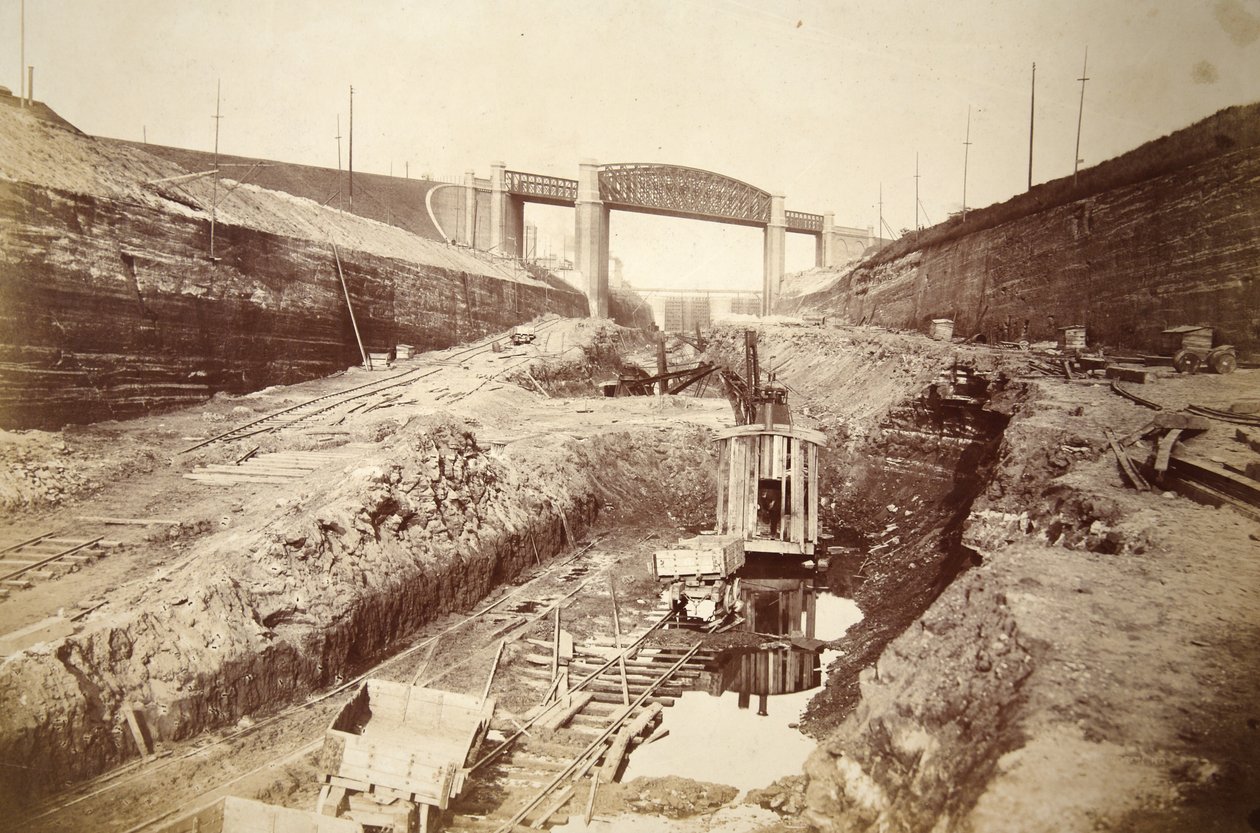 Latchford Viaduct, näyttää sulut etäisyydellä (seepiakuva) tekijältä Thomas Birtles
