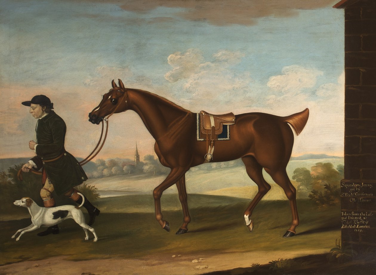 Sir Richard Grosvenors sai vinkuva Jenni Old Terrorin Sir P. B. Leicestersin sulhasen ja koiran kanssa, 1755 tekijältä Thomas, of Pall Mall Butler