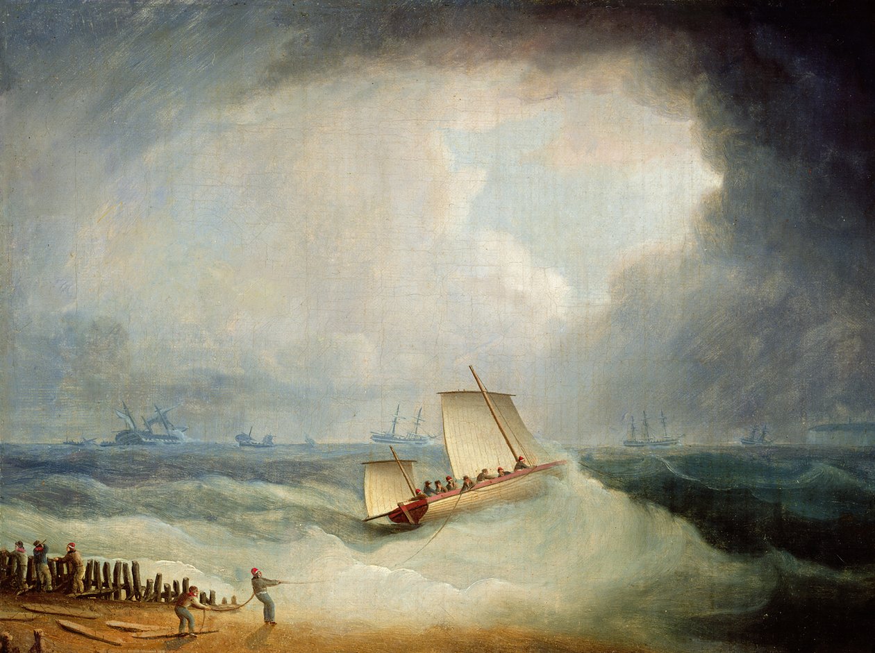 Deal Lugger lähdössä myrskyn uhkaamalle alukselle Downsissa, South Forelandissa. tekijältä Thomas Buttersworth