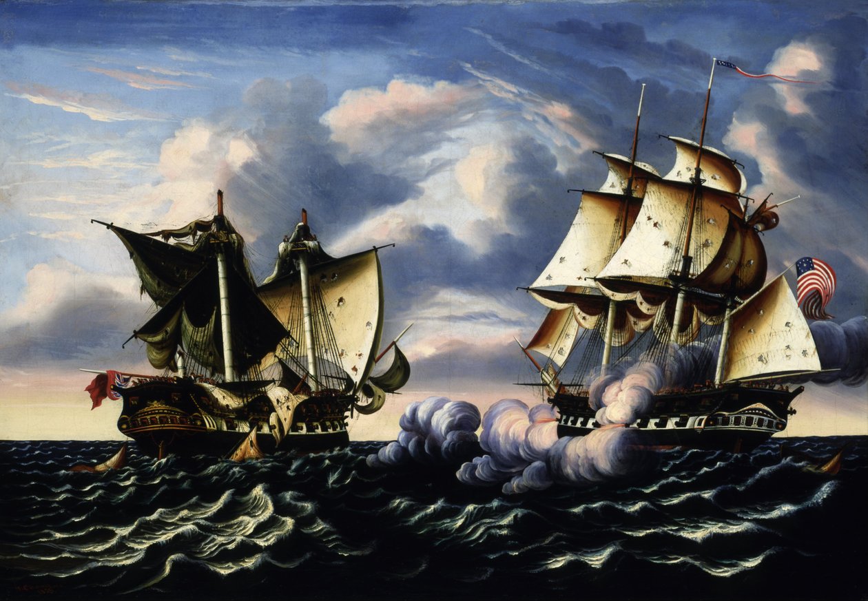 Kuvaus H.B.M. Frigate Macedonian, Yhdysvaltain Frigate Yhdysvallat, 25. lokakuuta 1812 tekijältä Thomas Chambers