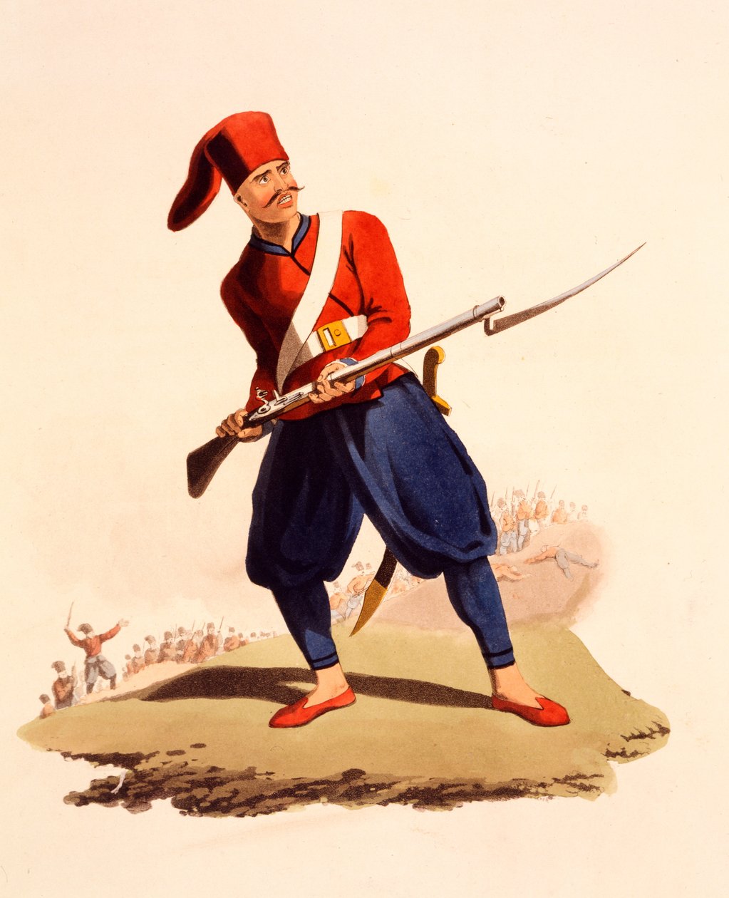 Ottomaanien armeijan Euroopan jalkaväen upseeri, teoksesta "The Military Costume of Turkey", julkaistu 1818 (käsinvärinen akvatinta) tekijältä Thomas Charles Wageman
