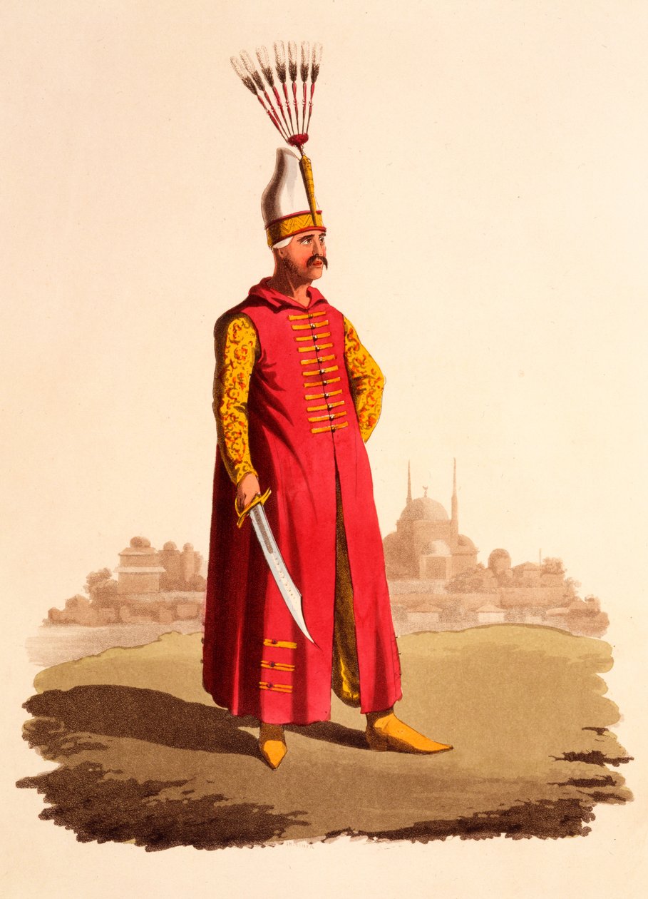 Janissarien upseeri, teoksesta The Military Costume of Turkey, julkaistu 1818 (käsinvärinen akvatinta) tekijältä Thomas Charles Wageman
