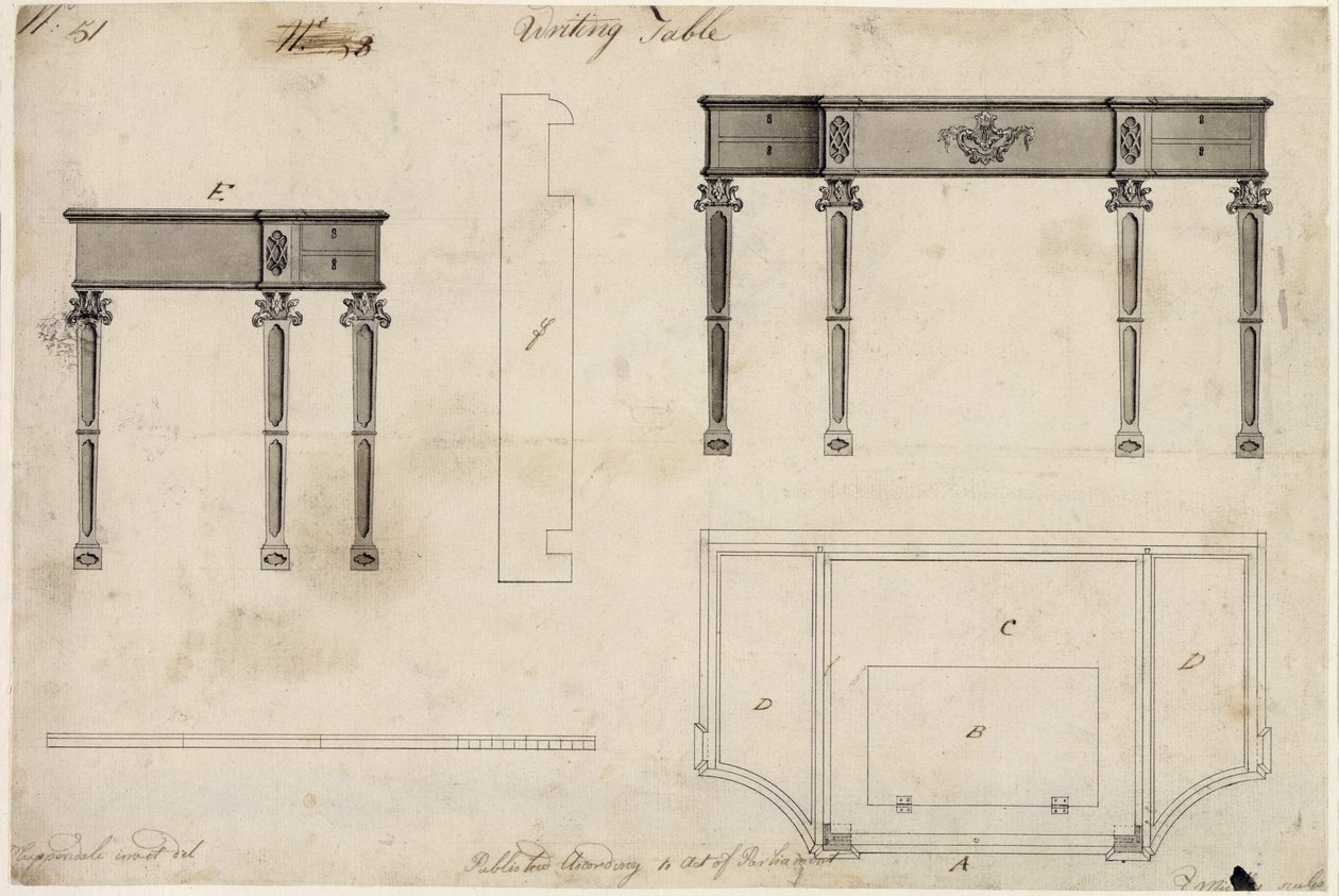 Suunnittelu kirjoituspöydälle (kynä ja muste harmaalla pesulla grafiitin päällä kudottupaperilla) tekijältä Thomas Chippendale