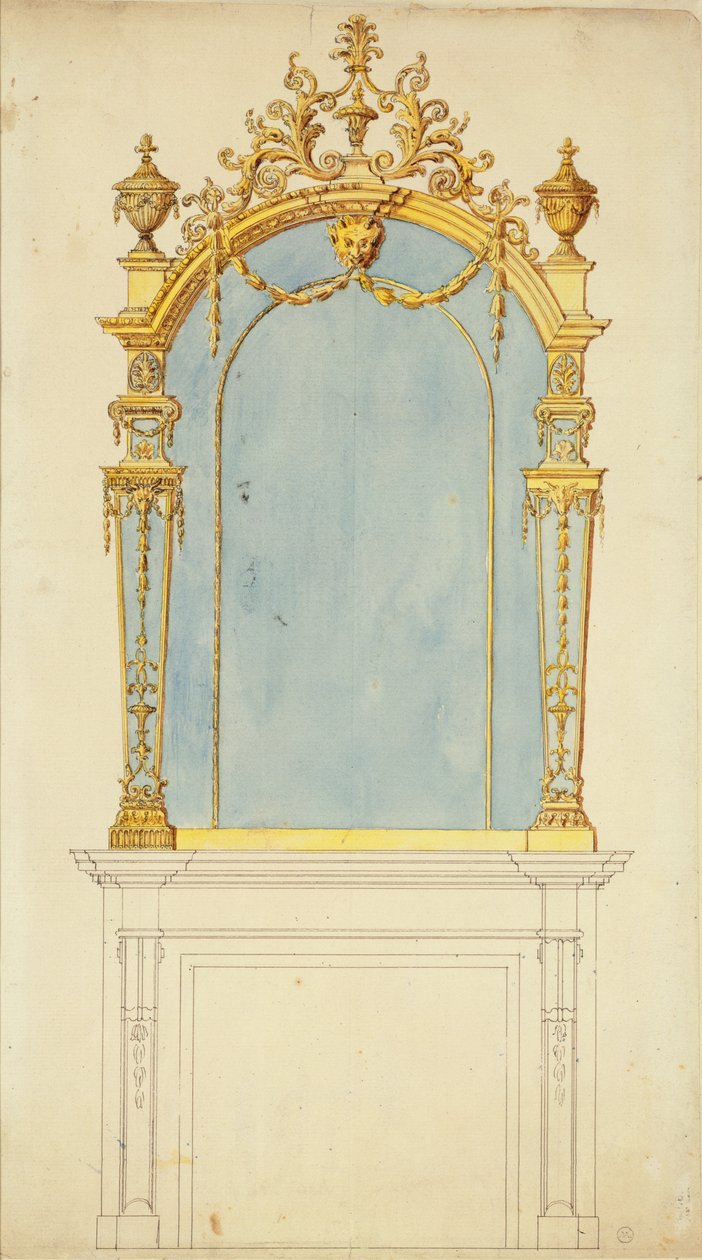 Kullattu peili, n. 1765-70 (kynä ja muste wc:llä paperilla) tekijältä Thomas Chippendale