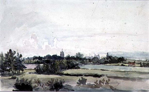 Suffolkin maisema, kentät puuvyöhykkeellä, kirkon torni, taloja ja tuulimylly tekijältä Thomas Churchyard