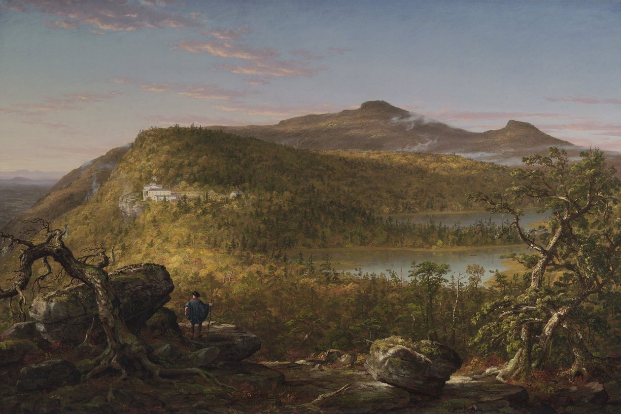 Näkymä kahdelle järvelle ja vuoristotalolle, Catskill -vuoret, aamu (1844) tekijältä Thomas Cole