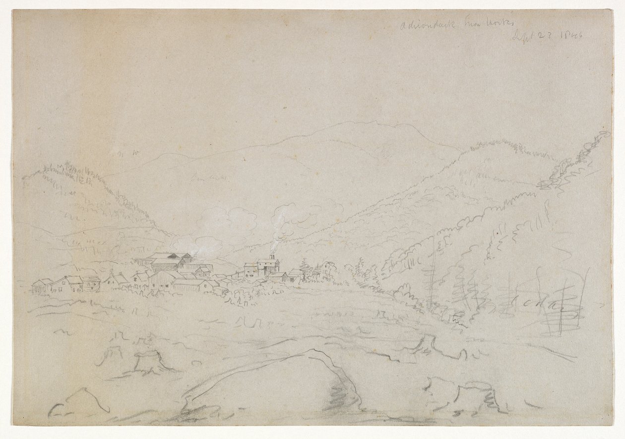 Adirondacks Iron Works, 1846 (grafiittikynä kudotulla paperilla) tekijältä Thomas Cole