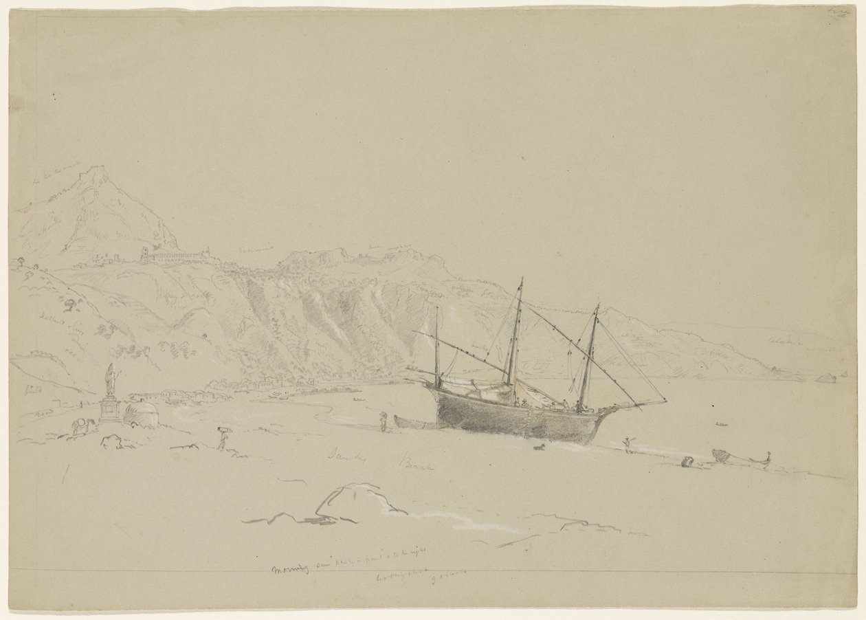 Vene rannalla lähellä Taorminaa, Sisilia, 1842 (lyijykynä, korotettu valkoisella liidulla paperille). tekijältä Thomas Cole