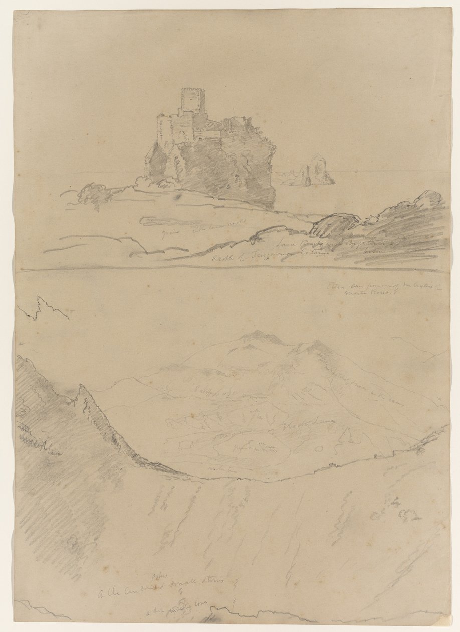 Trezzan linna lähellä Cataniaa ja Etnaa, nähtynä Monte Rossolta ja myös yhdestä Monte Rosson kraatterista, Sisilia, 1842. tekijältä Thomas Cole
