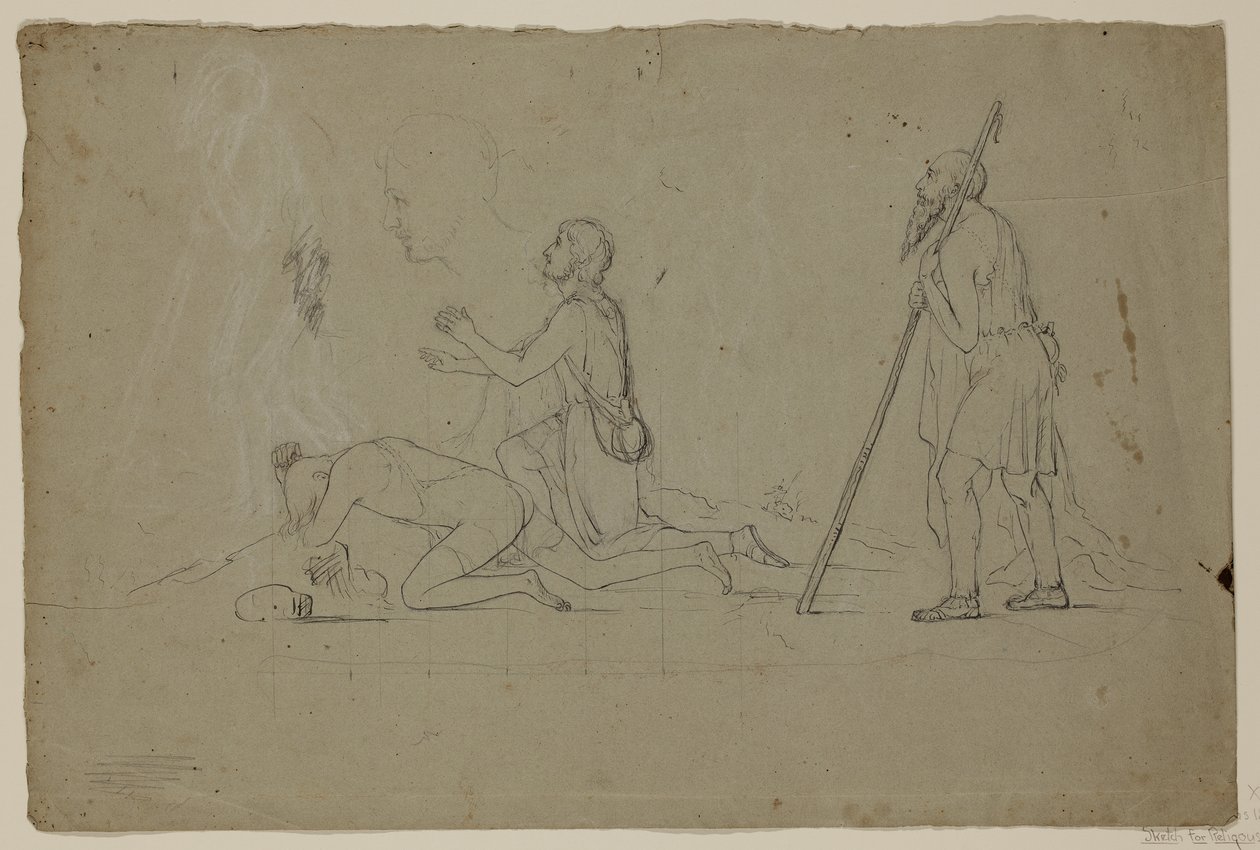 Sävellys Study of Three Shepherds, 1832-34 (tussi ja muste, liitu ja lyijykynä paperille). tekijältä Thomas Cole