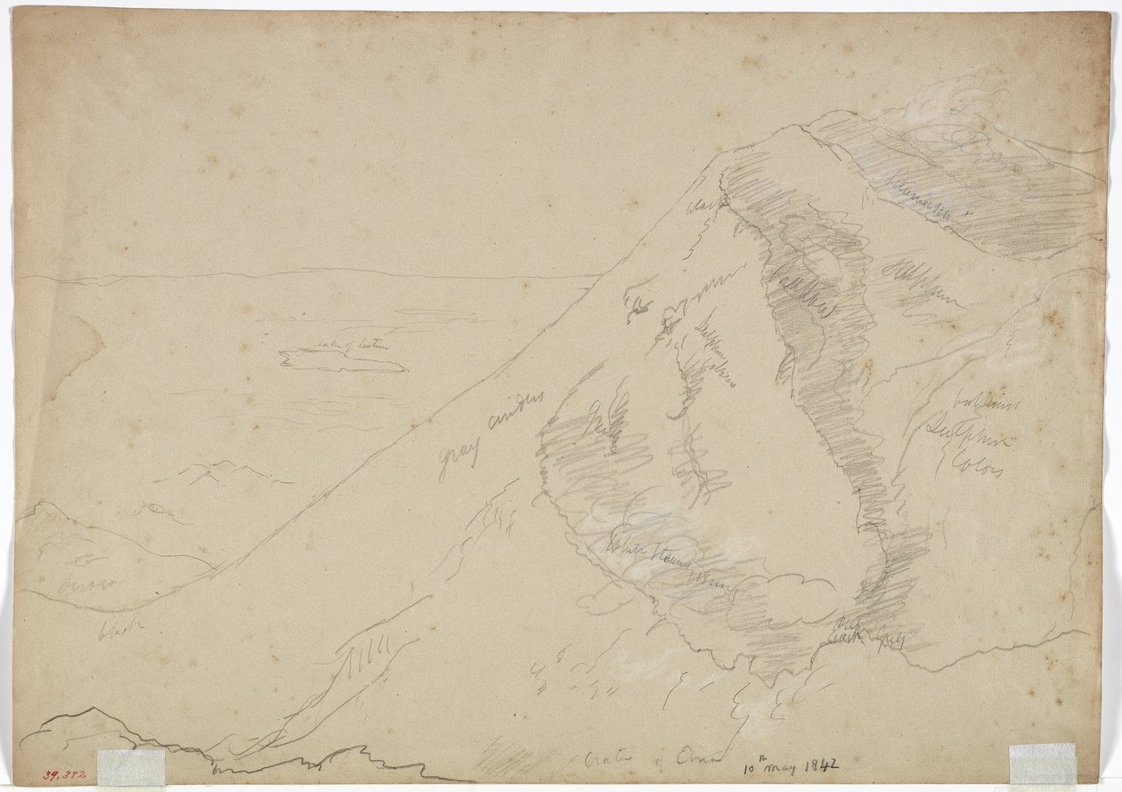 Aetna-vuoren kraatteri, 1842 (lyijykynä ja valkoinen liitu paperille) tekijältä Thomas Cole