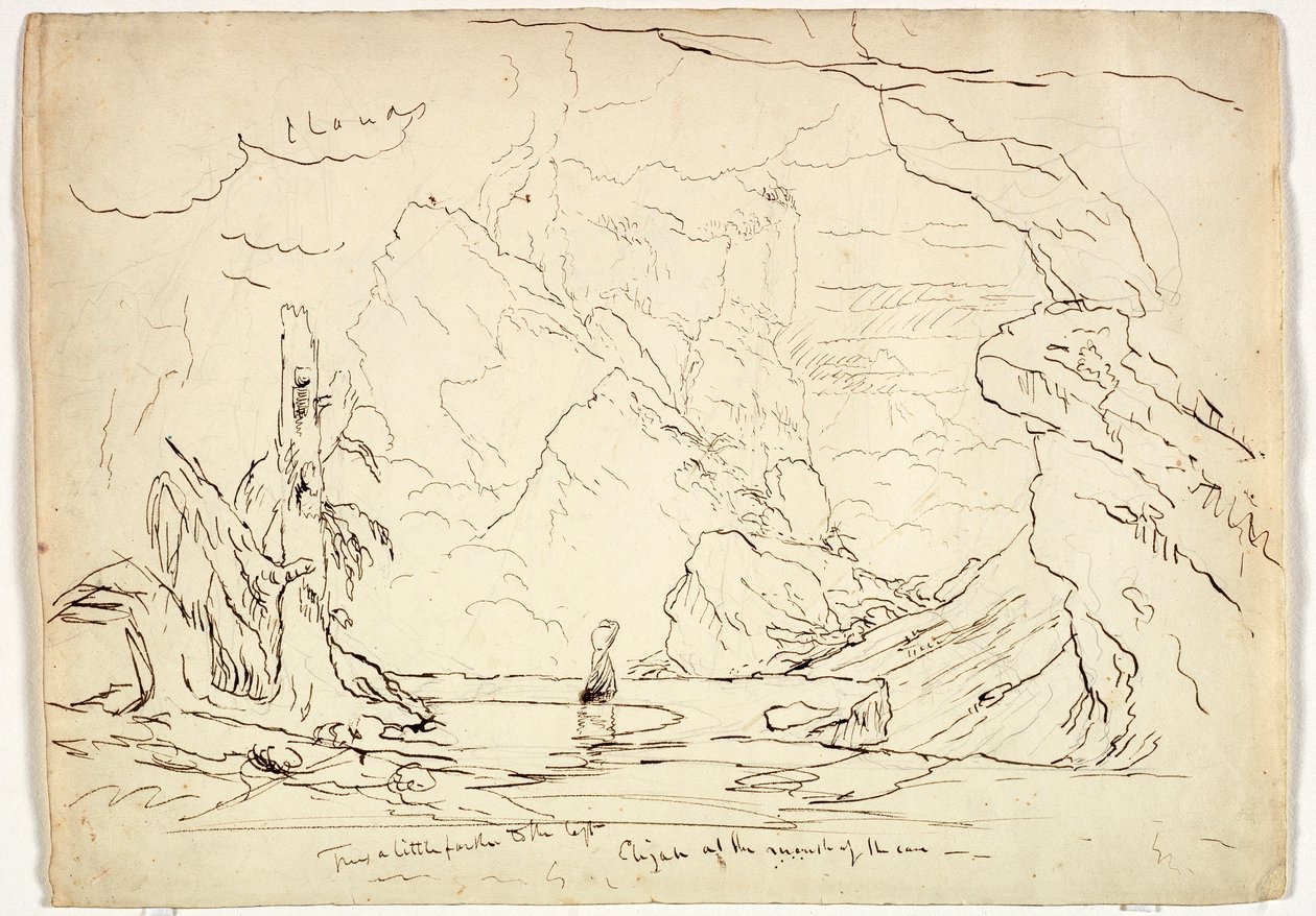 Elia luolan suulla, n. 1829 (kynä ja muste grafiitin päällä paperilla) tekijältä Thomas Cole
