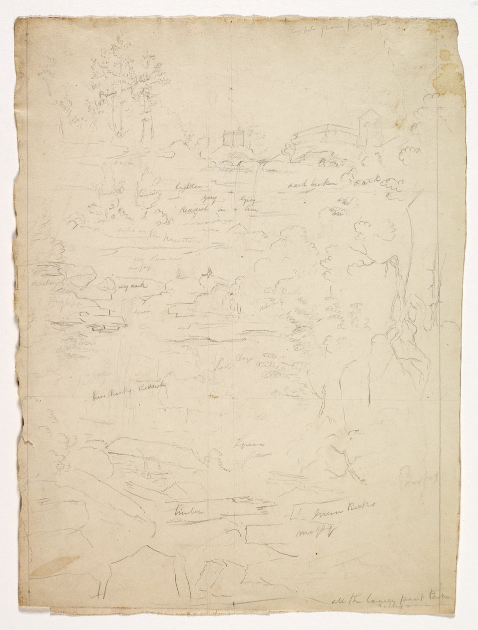 Kaaterskill Fallsin huipulta, 1826 (grafiittikynä luonnonvalkoisella kudottupaperilla) tekijältä Thomas Cole
