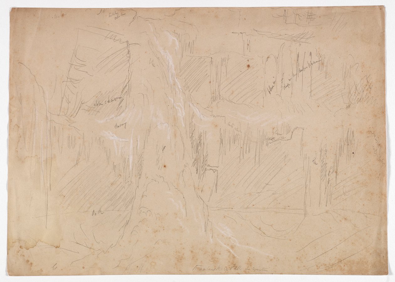 Kaaterskill Fall in Winter, 1843 (grafiittikynä, korotettu valkoisella liidulla paperille) tekijältä Thomas Cole