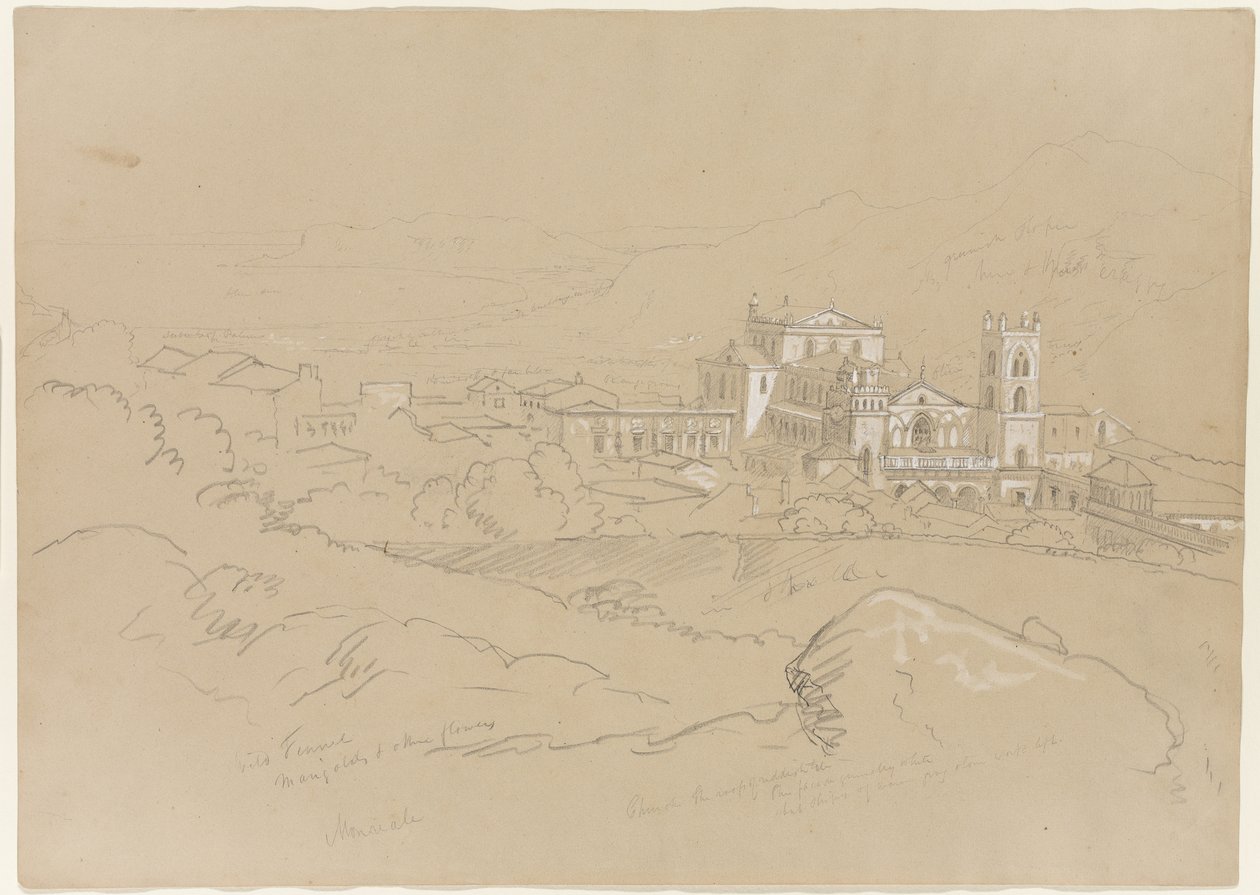 Monreale, Sisilia, 1842 (lyijykynä, korotettu valkoisella liidulla paperille). tekijältä Thomas Cole