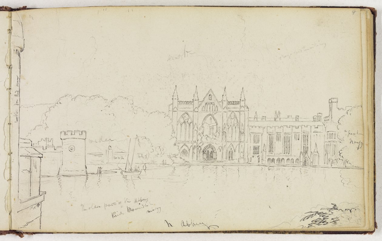 Newstead Abbey, Nottinghamshire, Englanti, n. 1830 (kynä ja musta muste grafiittikynän päällä luonnonvalkoisella kudottupaperilla) tekijältä Thomas Cole