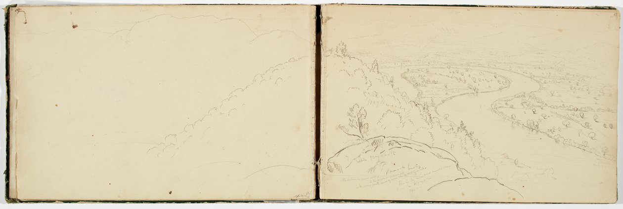Panoraama Oxbowsta Connecticut-joella nähtynä Mount Holyokesta, n. 1833 (grafiittikynä kudottupaperilla) tekijältä Thomas Cole