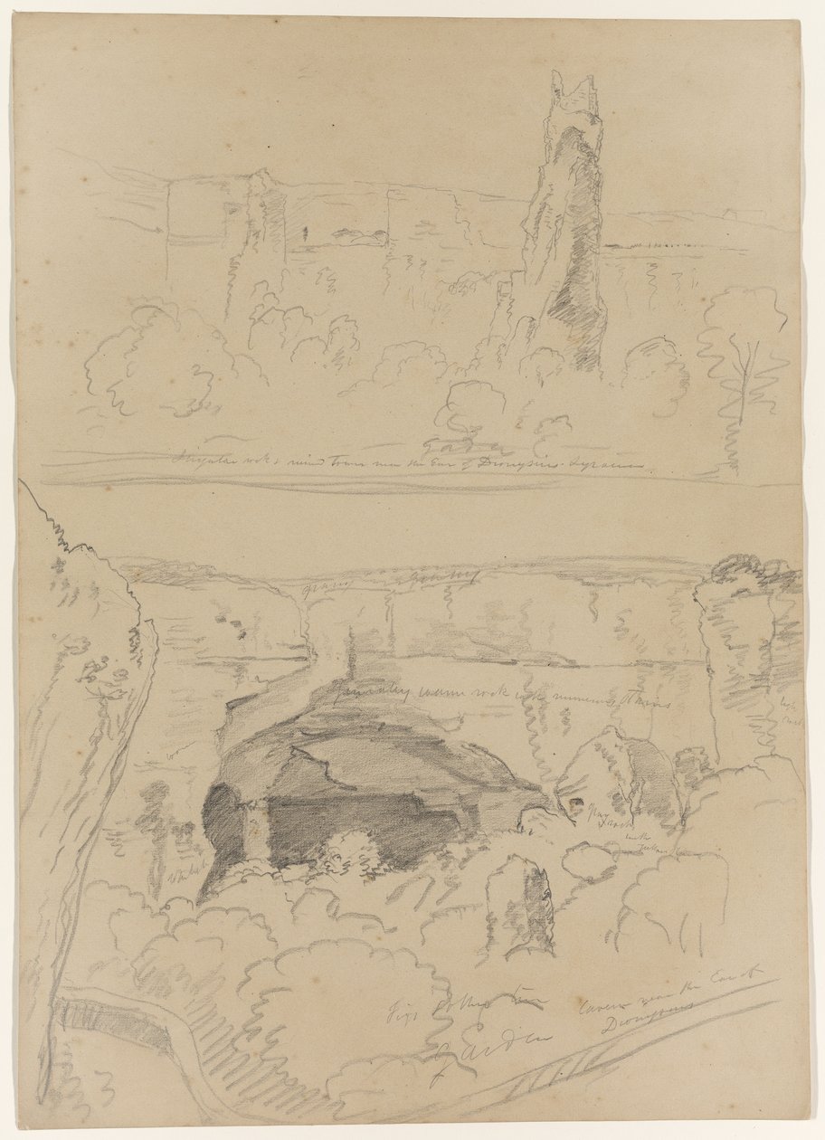 Kallio, tornin rauniot ja luola lähellä Dionysoksen korvaa, Syrakusa, Sisilia, 1842 tekijältä Thomas Cole