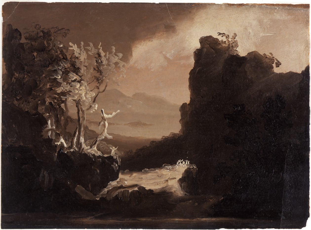 Romanttinen maisema (viimeinen mohikaani), 1827 (öljy paperille) tekijältä Thomas Cole