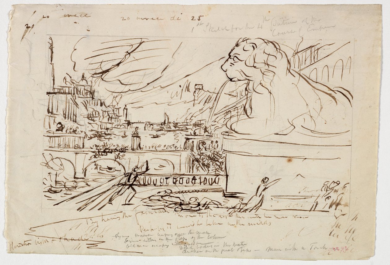 Sketch for Destruction, Course of Empire -sarjasta, n. 1836 tekijältä Thomas Cole