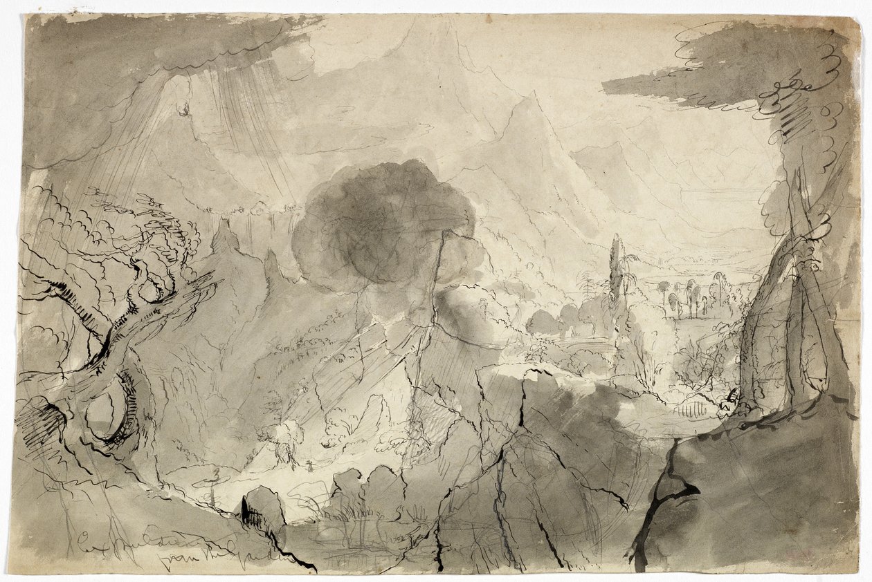Study for Expulsion from the Garden of Eden, 1828 (musta pesuaine, kynä ja musta muste sekä grafiitti kermanvärisellä paperilla) tekijältä Thomas Cole