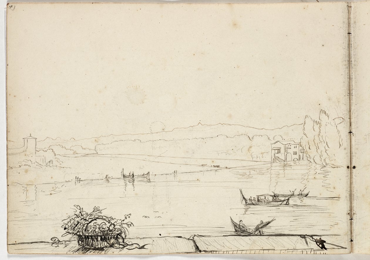 Nimetön (tutkimus jokimaisemasta, jossa on veneitä) 1831 (lyijykynä ja tussi paperille) tekijältä Thomas Cole