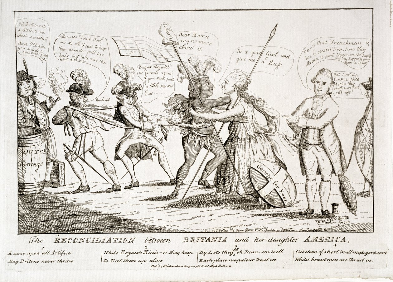 The Reconciliation Between Britannia and her Daughter America, julkaisija W. Richardson, 11. toukokuuta 1782. tekijältä Thomas Colley