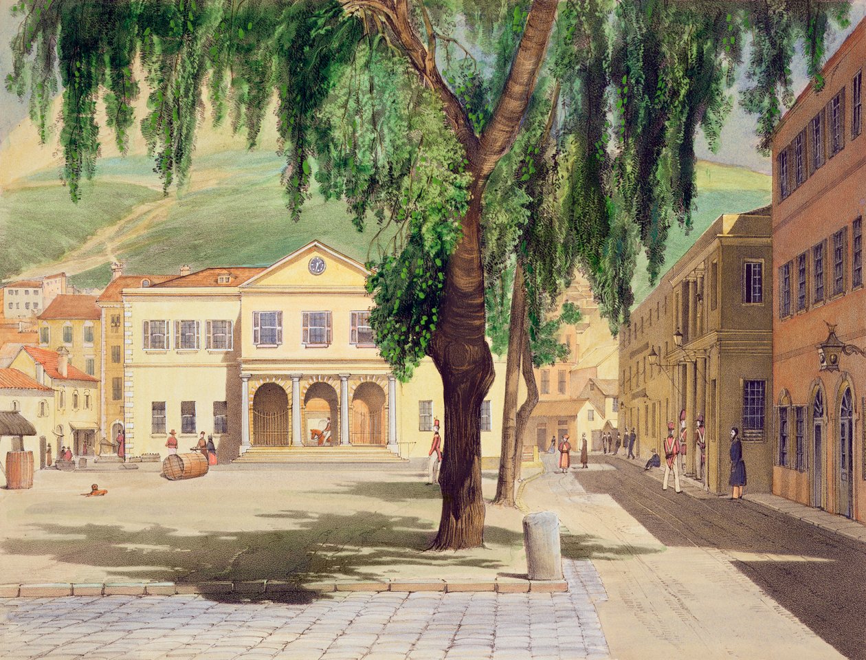Commercial Square, Commercial Library ja Main Guard, Gibraltarin kaupunki, kuvitettu J.M. Carterin teoksessa "Select Views of the Rock and Fortress of Gibraltar", 1845 (katso myös 22966 tekijältä Thomas Colman Dibdin