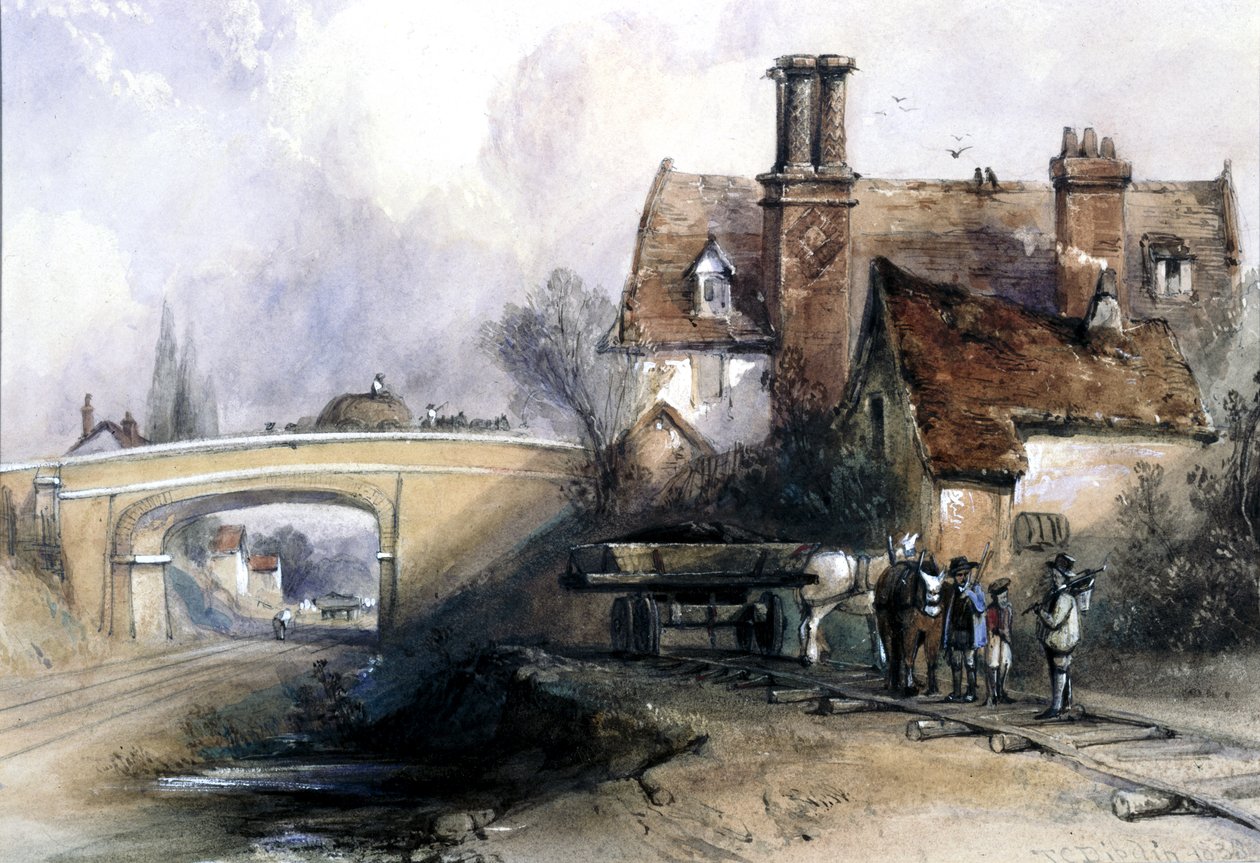 Eastern Countyn rautatien rakentaminen, lähellä Ilfordia, Essex, 1838 (wc paperilla) tekijältä Thomas Colman Dibdin