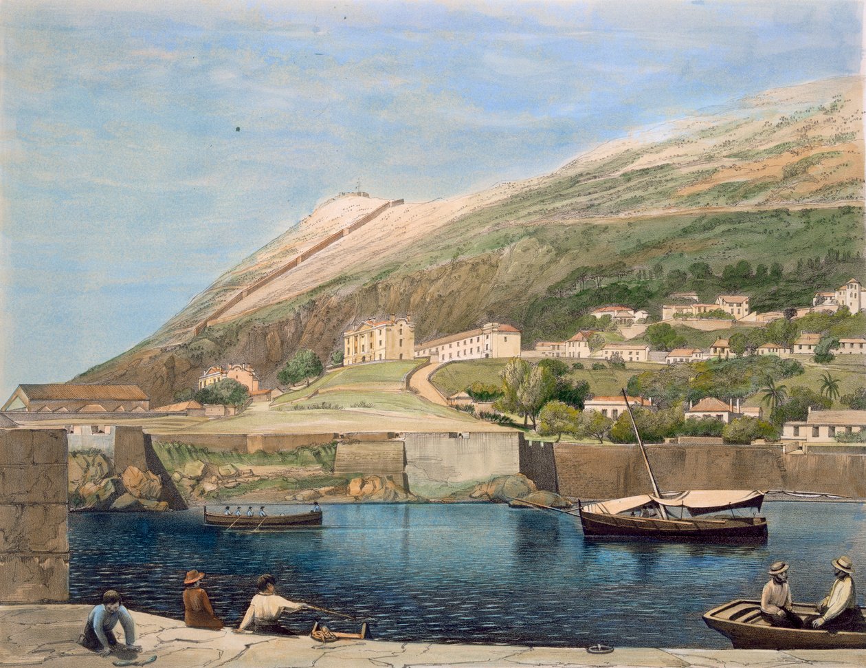 Eteläkasarmi Rosia Baysta, J.M. Carterin "Select Views of the Rock and Fortress of Gibraltar", 1846 tekijältä Thomas Colman Dibdin