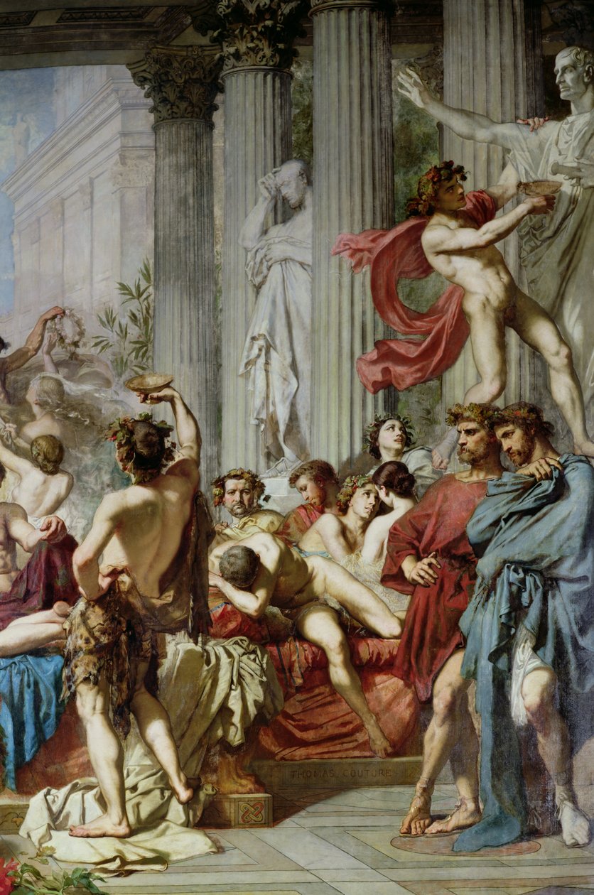 Dekadenssin roomalaiset, yksityiskohta oikeanpuoleisesta ryhmästä, 1847 (yksityiskohta 36568) tekijältä Thomas Couture