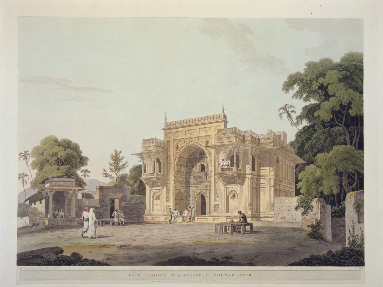 Portti johtaa Musjediin Chunar Ghurissa, levy 25 julkaisusta Oriental Scenery: Twenty Four Views in Hindoostan, julkaistu 1797 tekijältä Thomas Daniell