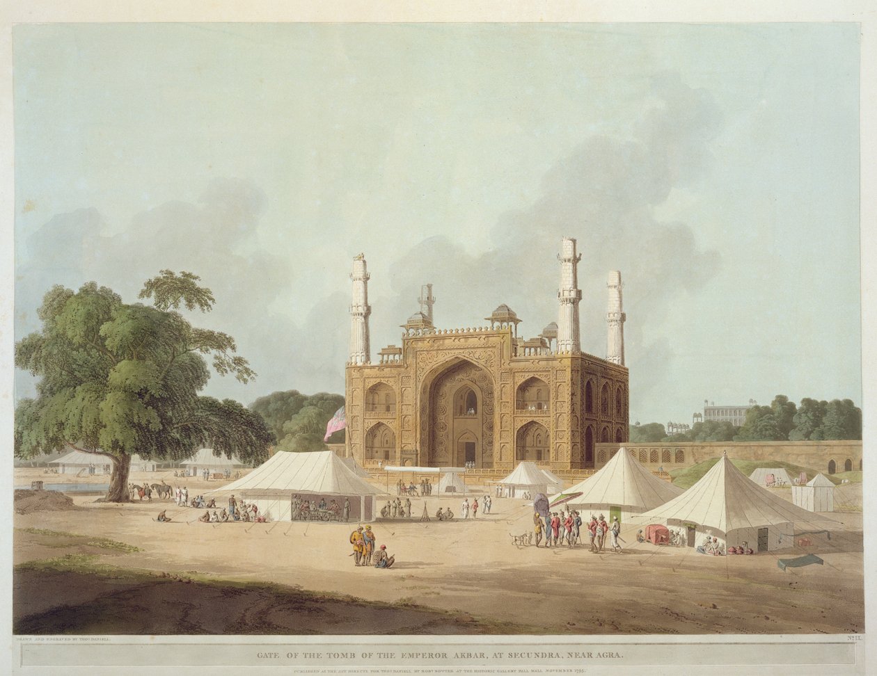 Keisari Akbarin (1542-1605) haudan portti Secundrassa, Agrassa, teoksesta "Oriental Scenery: Twenty Four Views in Hindoostan", 1795. tekijältä Thomas Daniell