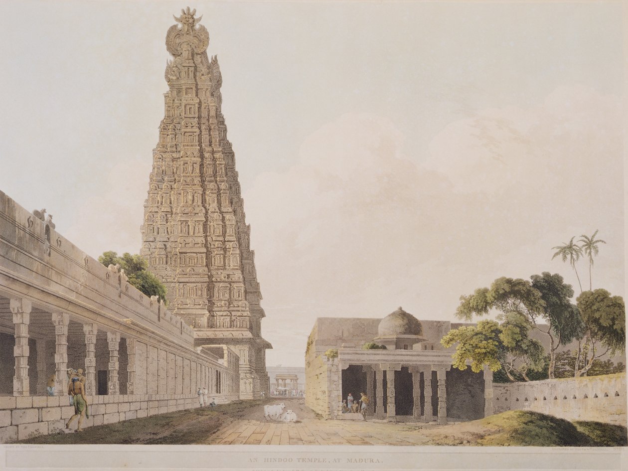 Hindoo-temppeli Madurassa, levy XVI Oriental Scenerystä, julkaistu 1798 (värillinen akvatinta) tekijältä Thomas Daniell