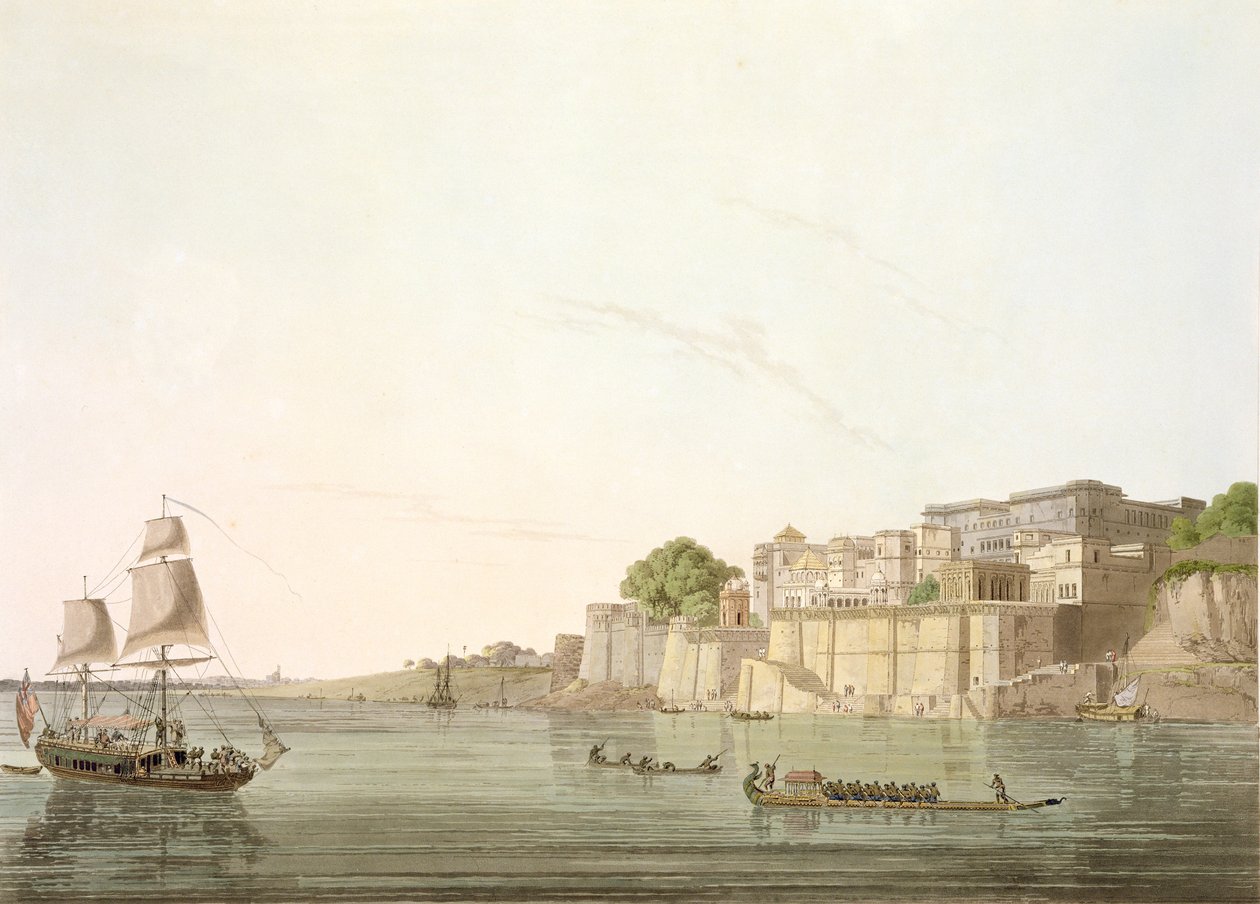 Ramnugur, Benaresin lähellä, Ganges-joen varrella, lähteestä "Oriental Scenery: Twenty Four Views in Hindoostan", 1796. tekijältä Thomas Daniell