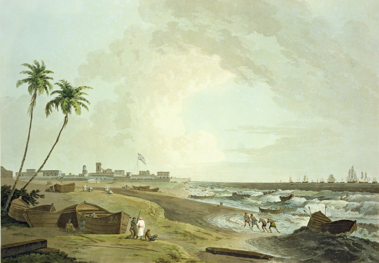 Kaakkoisnäkymä Fort St. Georgesta, Madras, levy 33 julkaisusta Oriental Scenery: Twenty Four Views in Hindoostan, kaiverrus Thomas ja William (1769-1837) Daniell, julkaistu 1797 tekijältä Thomas Daniell