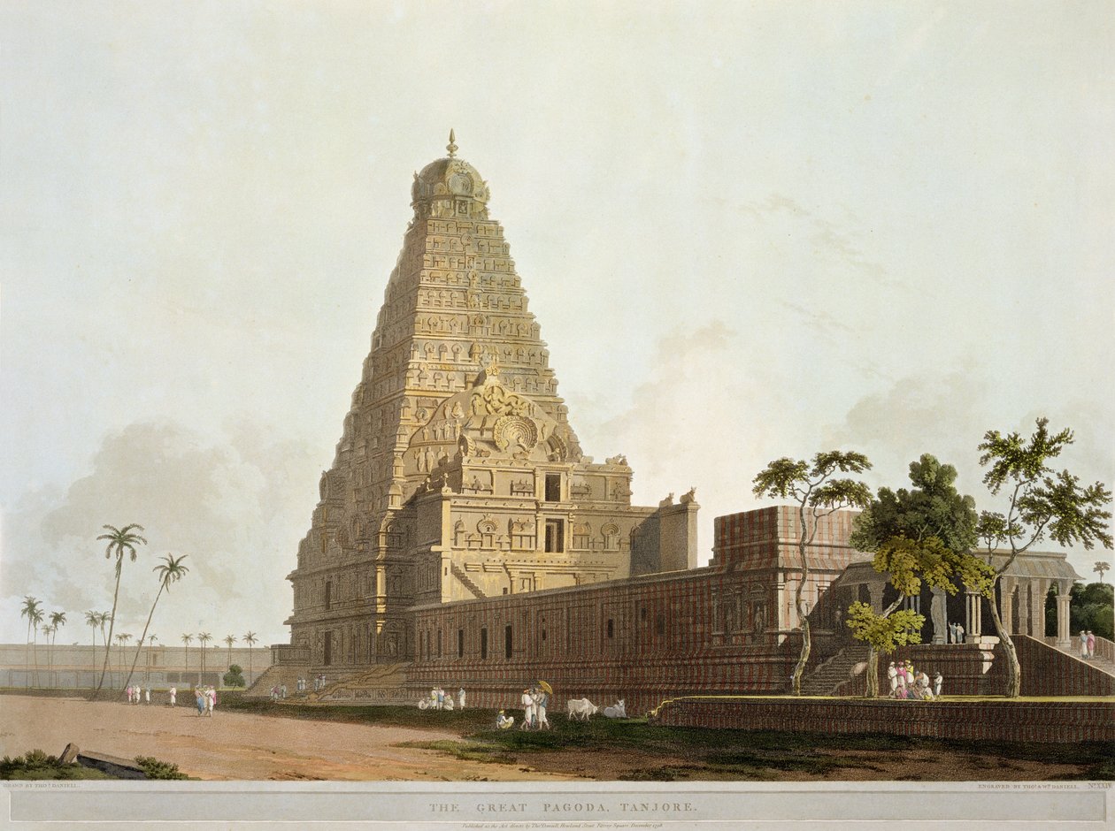 Suuri pagodi, Tanjore, levy XXIV julkaisusta Oriental Scenery, julkaistu 1798 (värillinen akvatinta) tekijältä Thomas Daniell