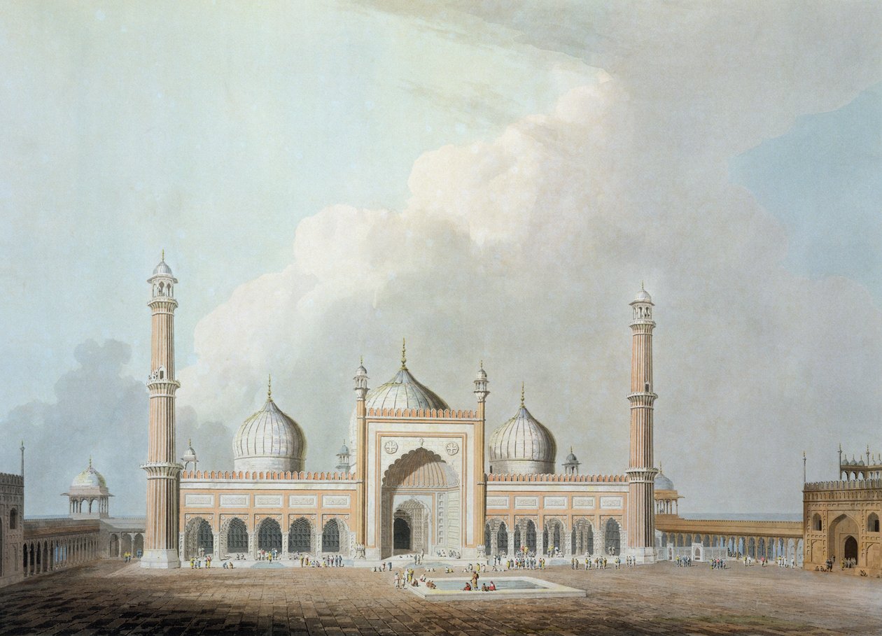 The Jummah Musjed, Delhi, levy XXIII Oriental Scenerystä, julkaistu 1797 (värillinen akvatinta) tekijältä Thomas Daniell