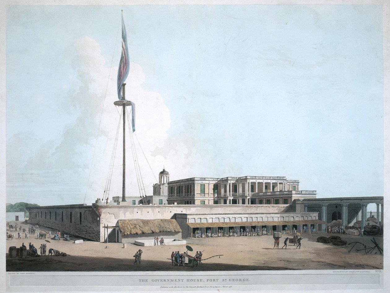 Hallituksen talo Ft. George, Madras. 1804 tekijältä Thomas Daniell
