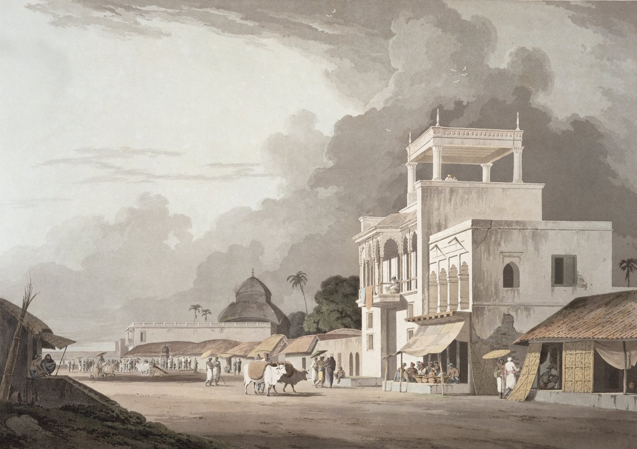 Näkymä Chitpore Roadille, Kalkutta, levy II julkaisusta Oriental Scenery, julkaistu 1797 (värillinen akvatinta) tekijältä Thomas Daniell