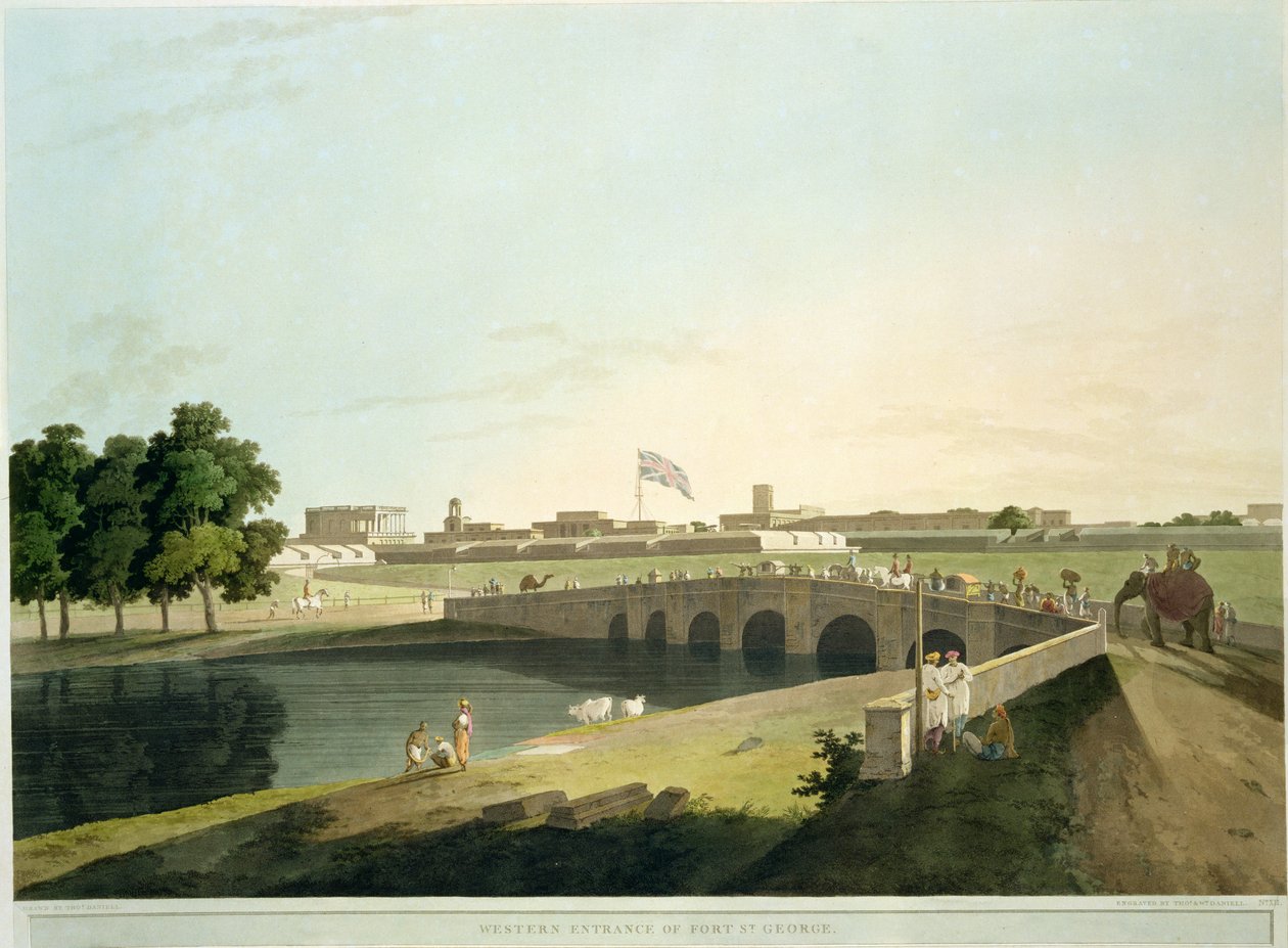 Fort St. Georgen läntinen sisäänkäynti, Madras, levy 38 julkaisusta Oriental Scenery: Twenty Four Views in Hindoostan, kaiverrus Thomas ja William (1769-1837) Daniell, julkaistu 1798 tekijältä Thomas Daniell