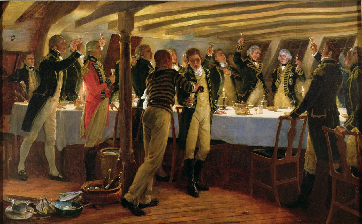 Amiraali Nelson kohottaa maljan voiton kunniaksi upseeritovereidensa kanssa Kööpenhaminan taistelua edeltävänä iltana, 1. huhtikuuta 1801, 1898. tekijältä Thomas Davidson