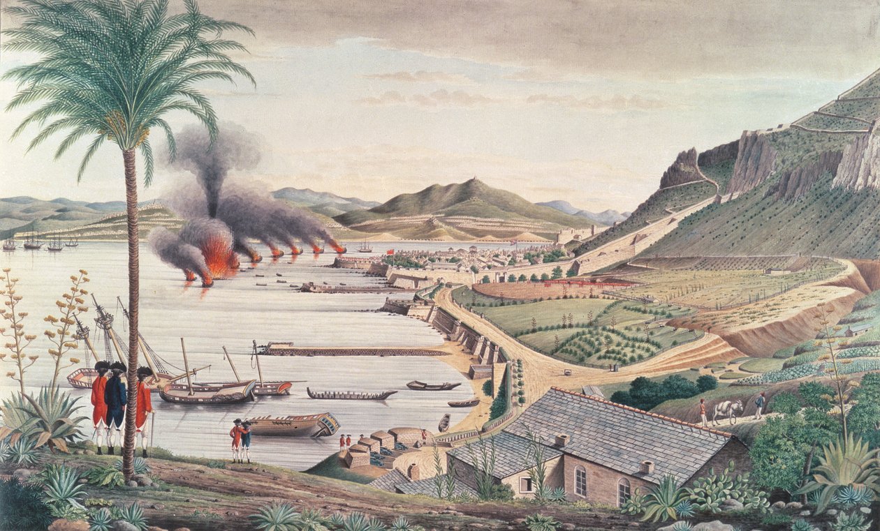 Gibraltar ranskalais-espanjalaisten suurhyökkäyksen jälkeisenä aamuna 1783. tekijältä Thomas Davies