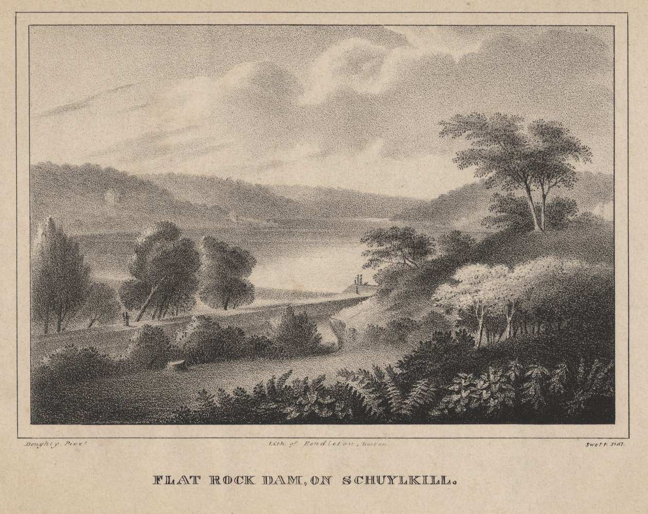 Flat Rock Dam, Schuylkill, kaiverrus Moses Swett, 1827 tekijältä Thomas Doughty