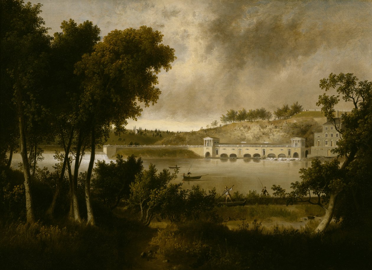Näkymä Fairmount Waterworksille, Philadelphia, Schuylkill-joen vastakkaiselta puolelta, n. 1824-1826 tekijältä Thomas Doughty