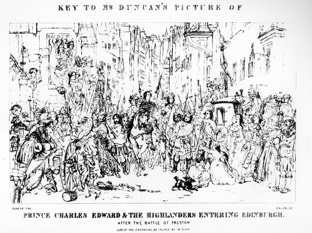 Avain herra Duncanin kuvaan Prinssi Charles Edwardista (1720-88) ja Highlandersista astumassa Edinburghiin Prestonin taistelun jälkeen 21. syyskuuta 1745, Baconin kaivertama (katso 10 tekijältä Thomas Duncan
