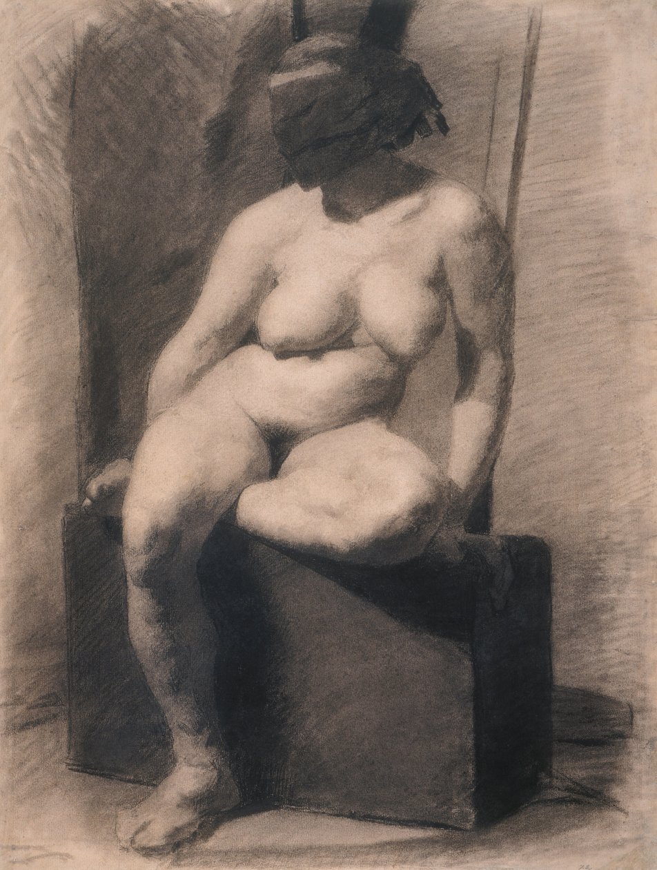 Tutkimus istuvasta alastomasta naisesta, joka käyttää naamaria tekijältä Thomas Eakins