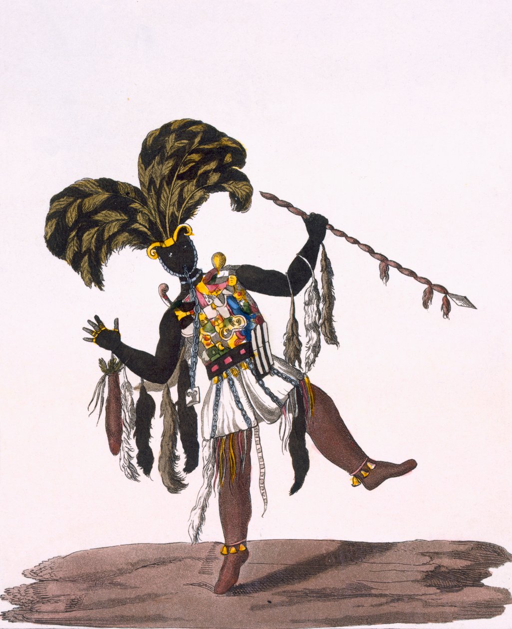 Ashanti-kapteeni sotapuvussaan Giulio Ferrarion Costume dei... -kappaleesta, n. 1820-30-luvut tekijältä Thomas Edward Bowditch